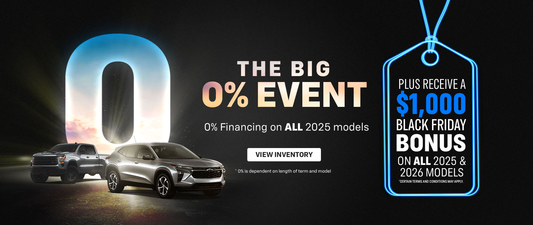 Three Chevrolet SUVs parked in a lit garage with text promoting deals and specials.