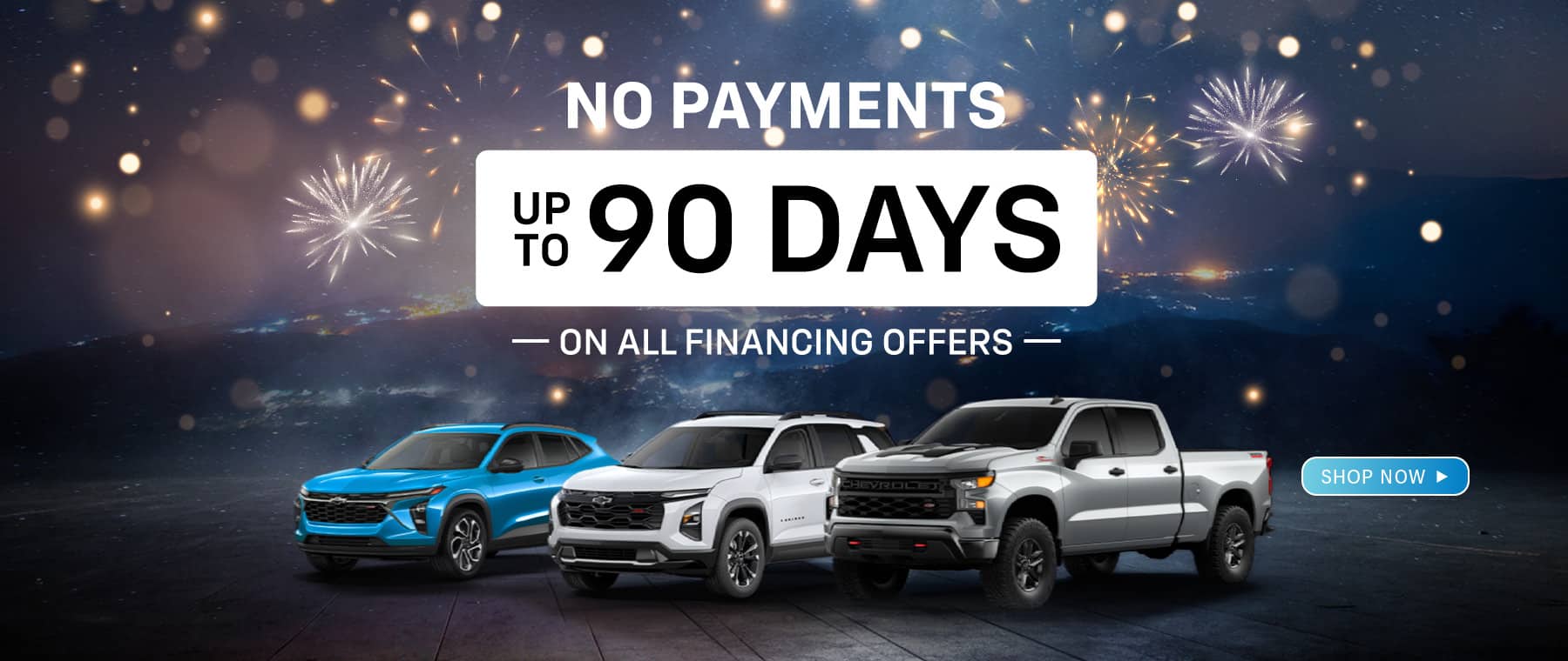 Car financing offer with no payments for up to 90 days, featuring three cars and fireworks in the background.