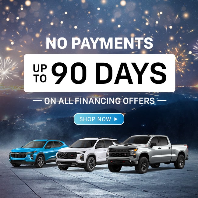 No payments for 90 days offer on financing. Three cars under fireworks with "Shop Now" button.