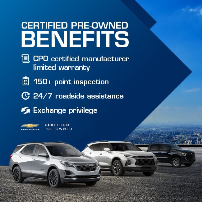 Certified Pre-Owned benefits include warranty, 150+ point inspection, roadside assistance, and exchange privilege.