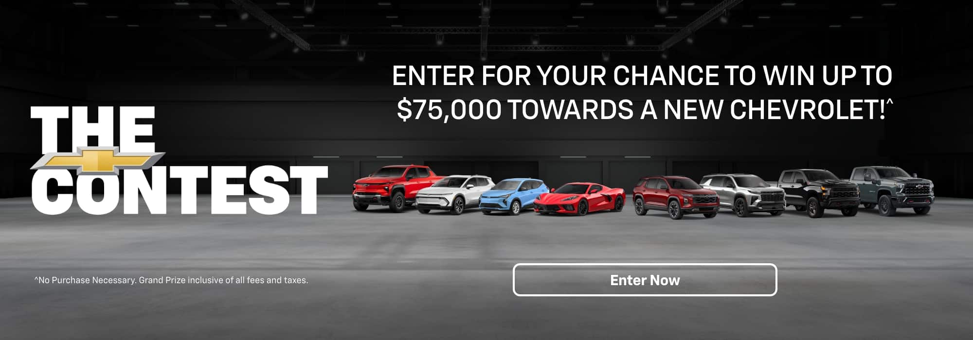Chevrolet contest banner with multiple car models and a $75,000 prize opportunity. "Enter Now" button.