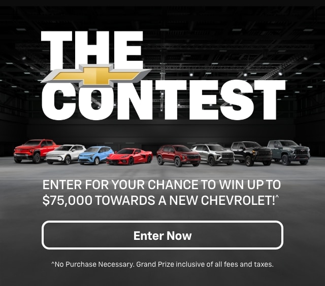 Win $75,000 towards a new Chevrolet. Includes contest details and a lineup of vehicles.