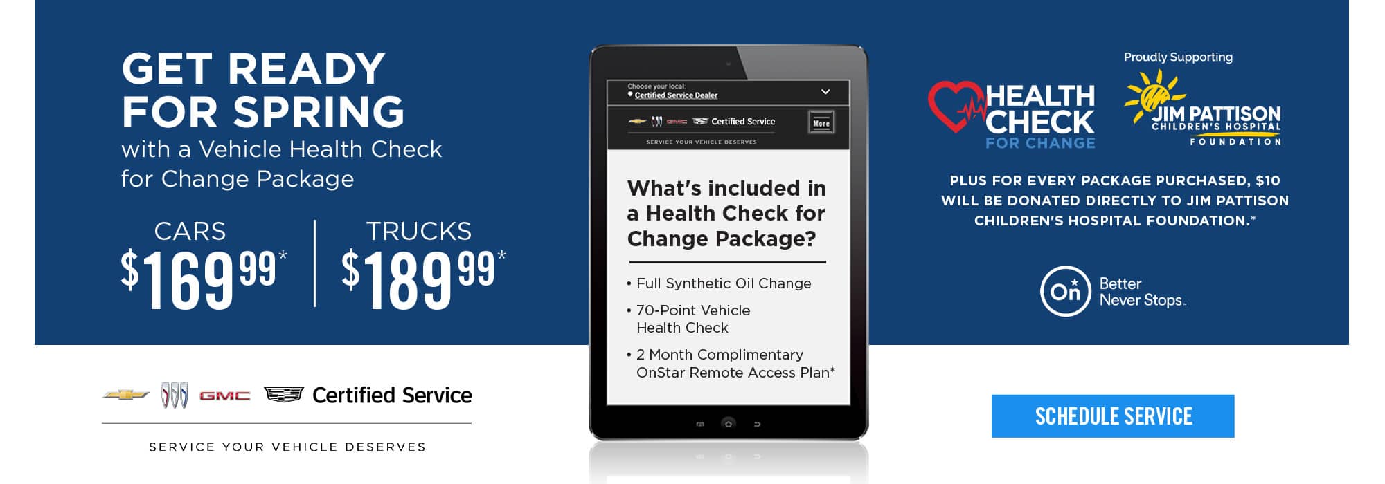Vehicle health check promotion for cars at $169.99 and trucks at $189.99, supporting Jim Pattison Children's Hospital.