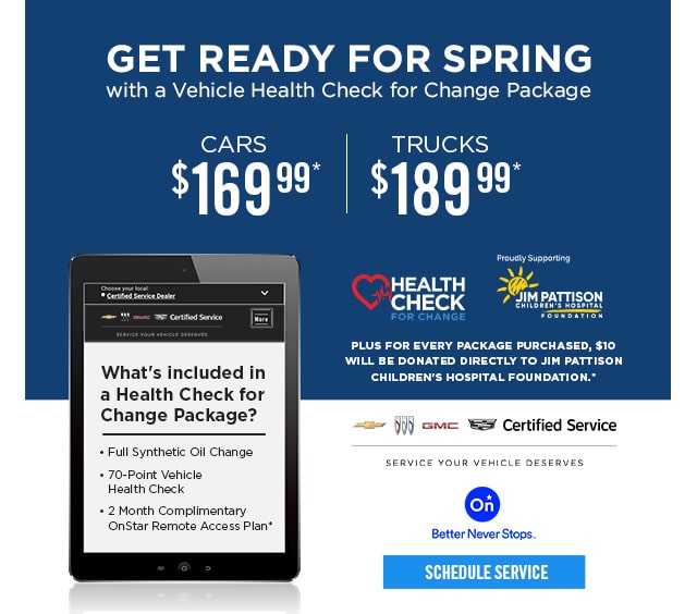Spring vehicle health check promotion offers cars at $169.99 and trucks at $189.99. Includes oil change, health check, and OnStar.
