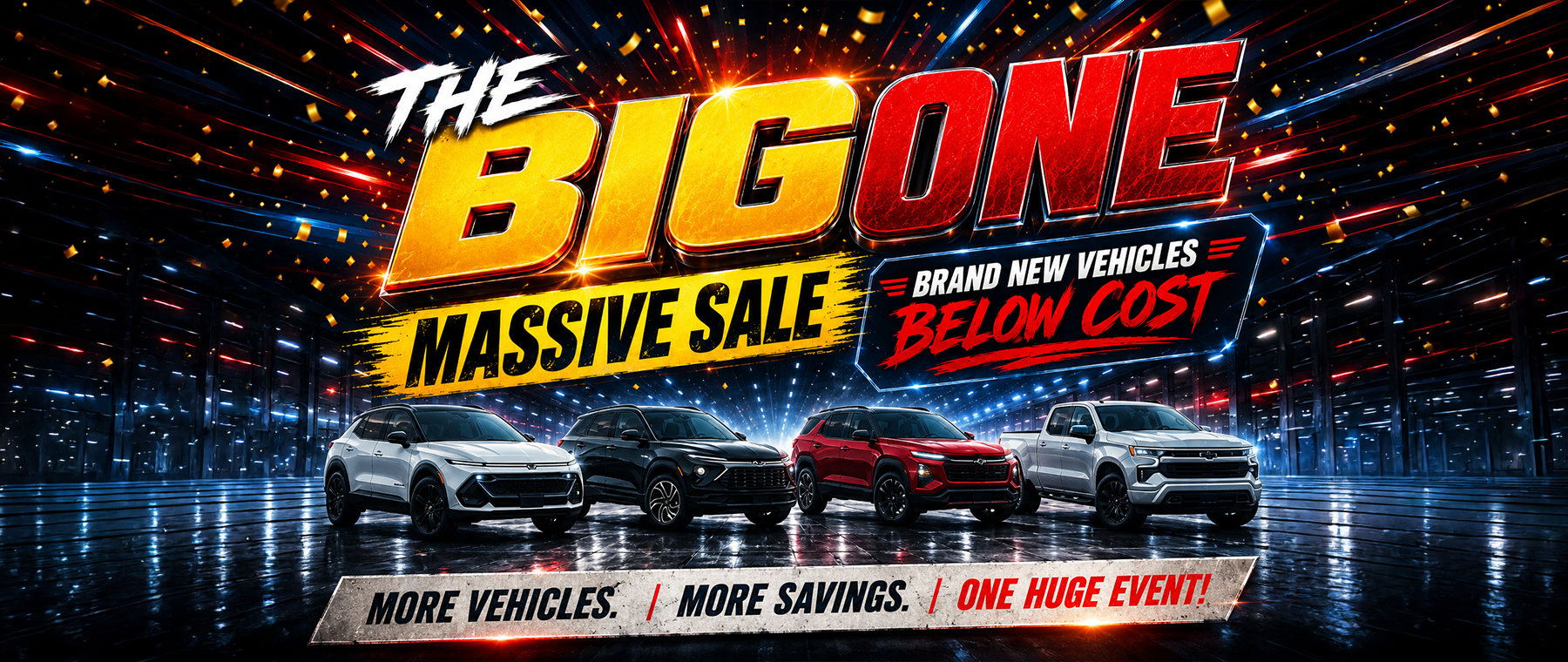 Massive car sale banner showcasing SUVs and pickups under flashy lights, offering vehicles below cost.