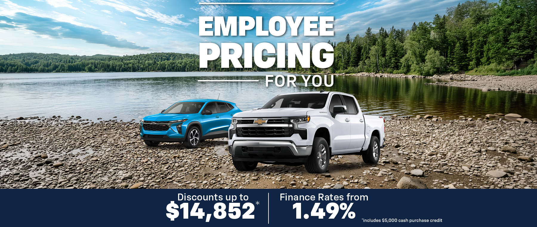 Massive car sale banner showcasing SUVs and pickups under flashy lights, offering vehicles below cost.