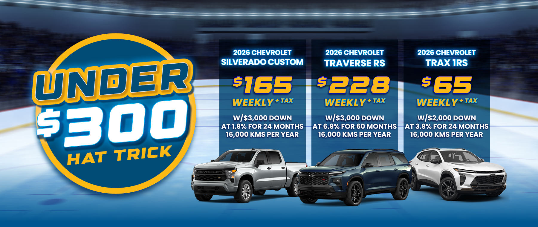 Massive car sale banner showcasing SUVs and pickups under flashy lights, offering vehicles below cost.