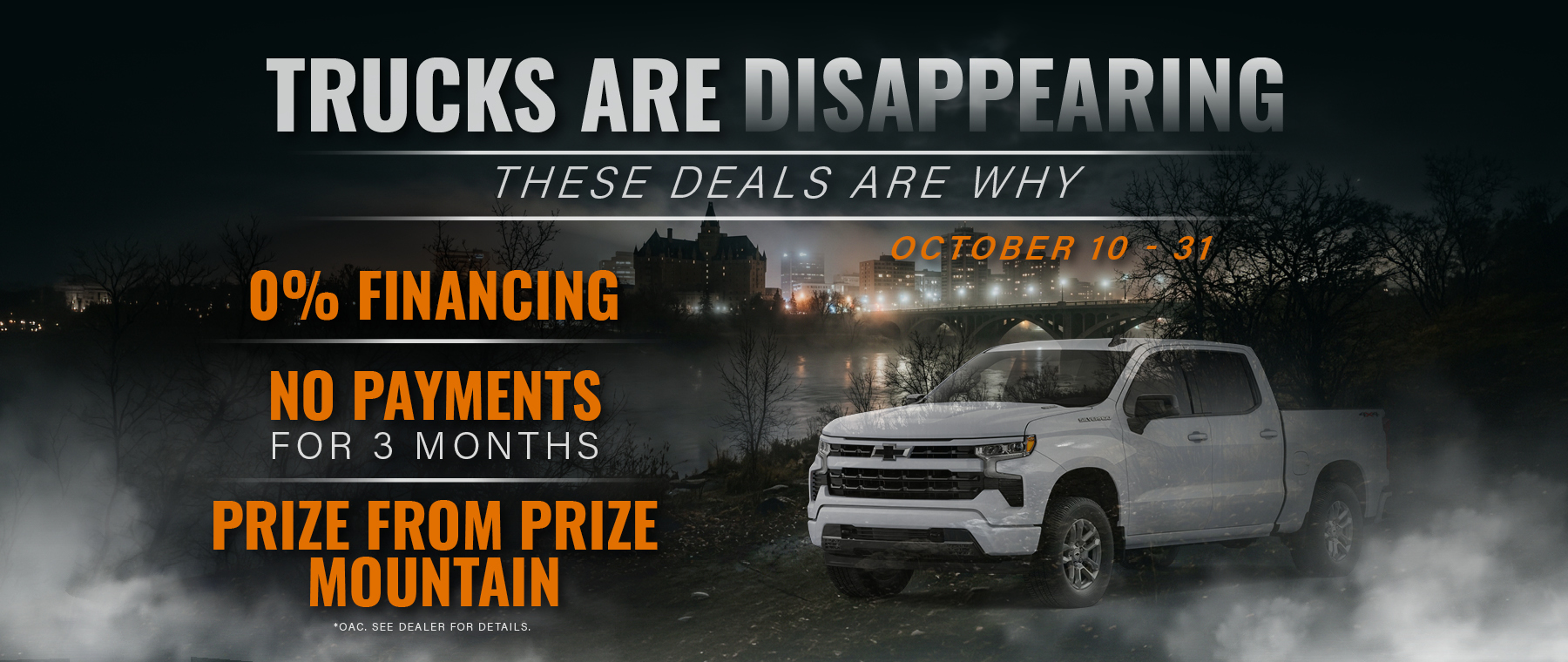 Massive car sale banner showcasing SUVs and pickups under flashy lights, offering vehicles below cost.