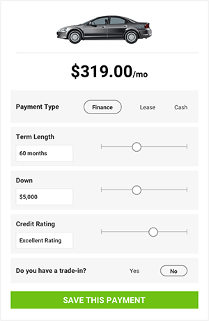 Car payment calculator showing a black sedan image, $319.00/month cost, options for payment type (Finance, Lease, Cash), term length, down payment, credit rating, and trade-in. A green button reads Save This Payment.