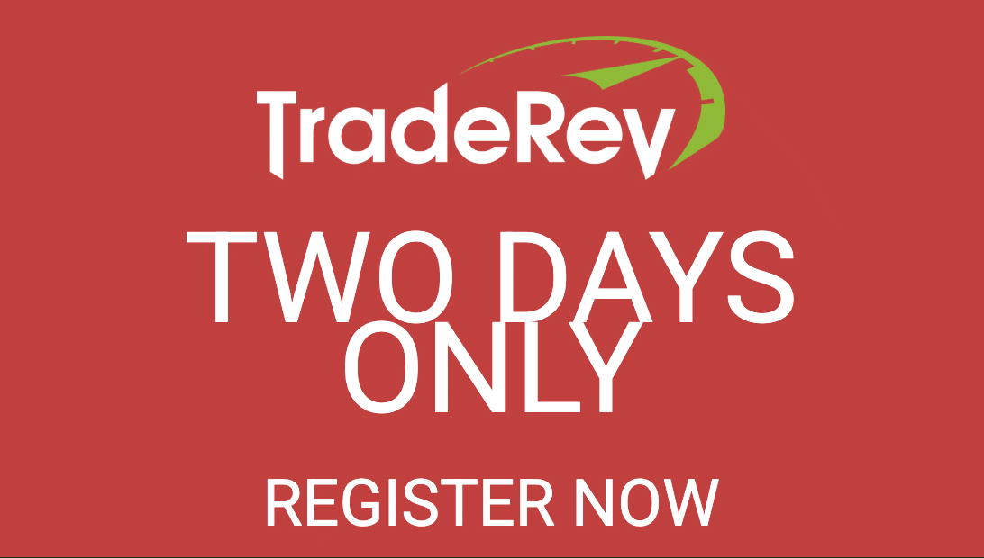 Red background with TradeRev logo at the top. Below, bold white text reads TWO DAYS ONLY. At the bottom, white text says REGISTER NOW.
