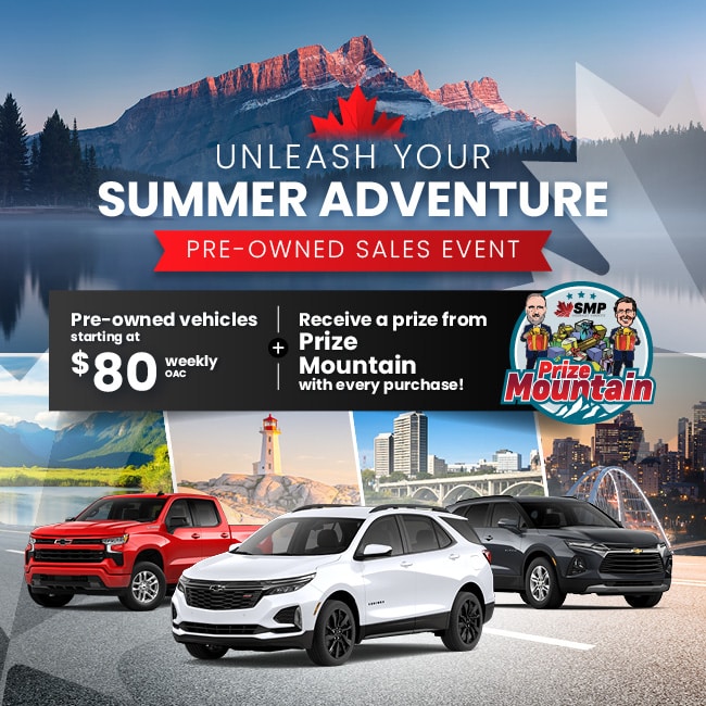 Summer car sales event with pre-owned vehicles, $80 weekly. Includes Prize Mountain offer. Mountain background.