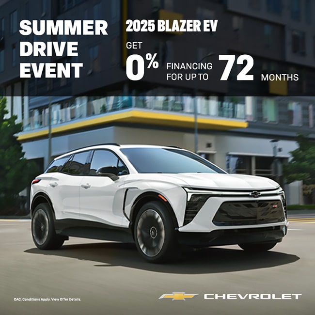 Chevrolet 2025 Equinox EV with 0% financing for 72 months displayed in Summer Drive Event ad.