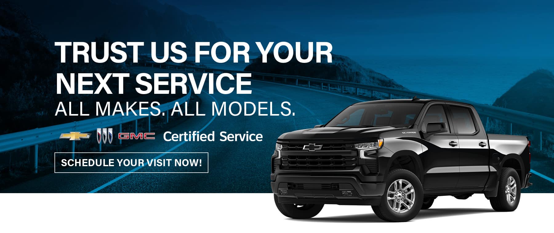 Chevrolet and GMC service advertisement featuring a black Silverado truck, promoting certified services.