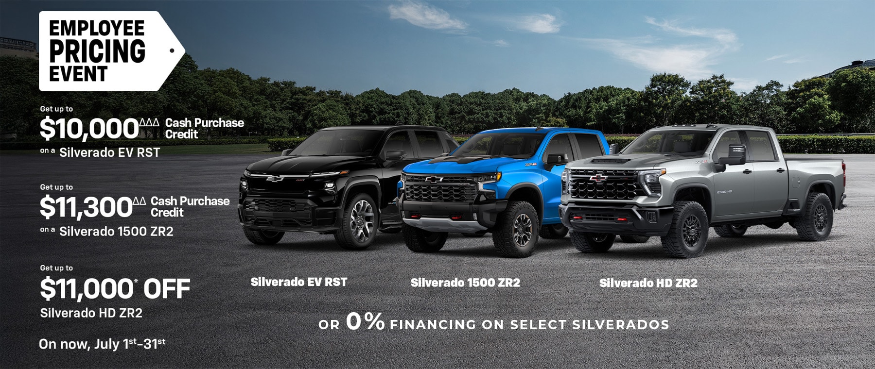 Three Chevrolet Silverado trucks are showcased in a promotional ad for an employee pricing event, featuring up to $11,300 cash purchase credit.