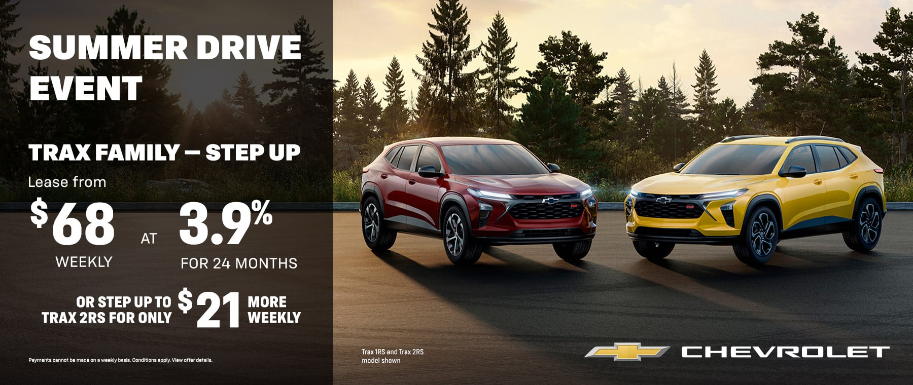 Chevrolet summer drive event featuring Trax models with leasing details and forest backdrop.