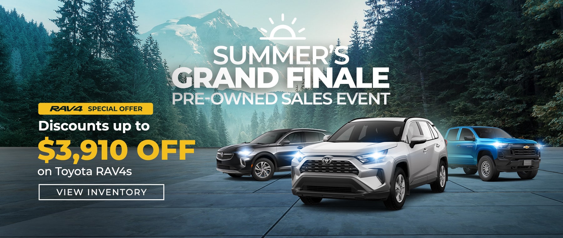 Three Chevrolet SUVs parked in a lit garage with text promoting deals and specials.