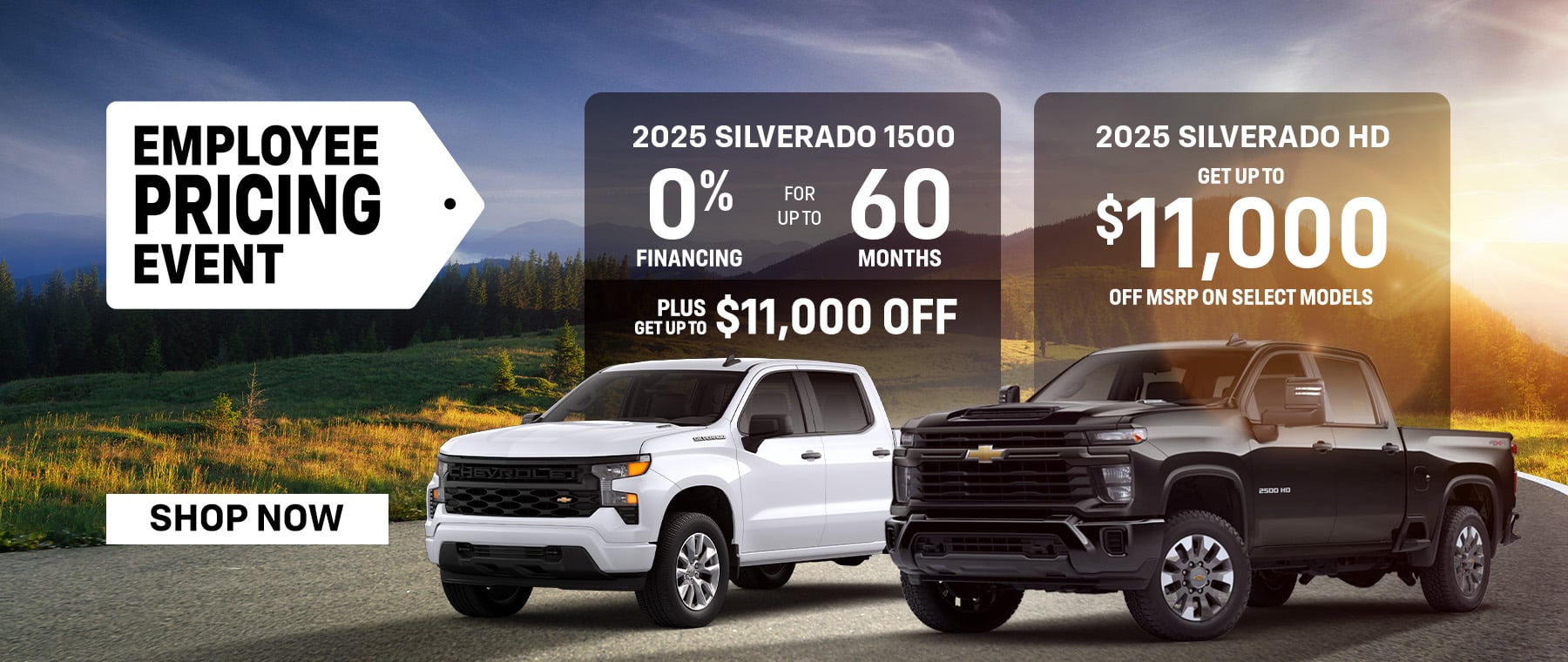 Three Chevrolet SUVs parked in a lit garage with text promoting deals and specials.
