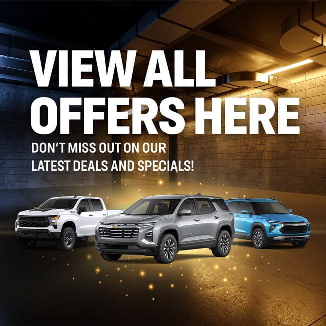 "View all offers here" text with three SUVs against a modern garage backdrop.