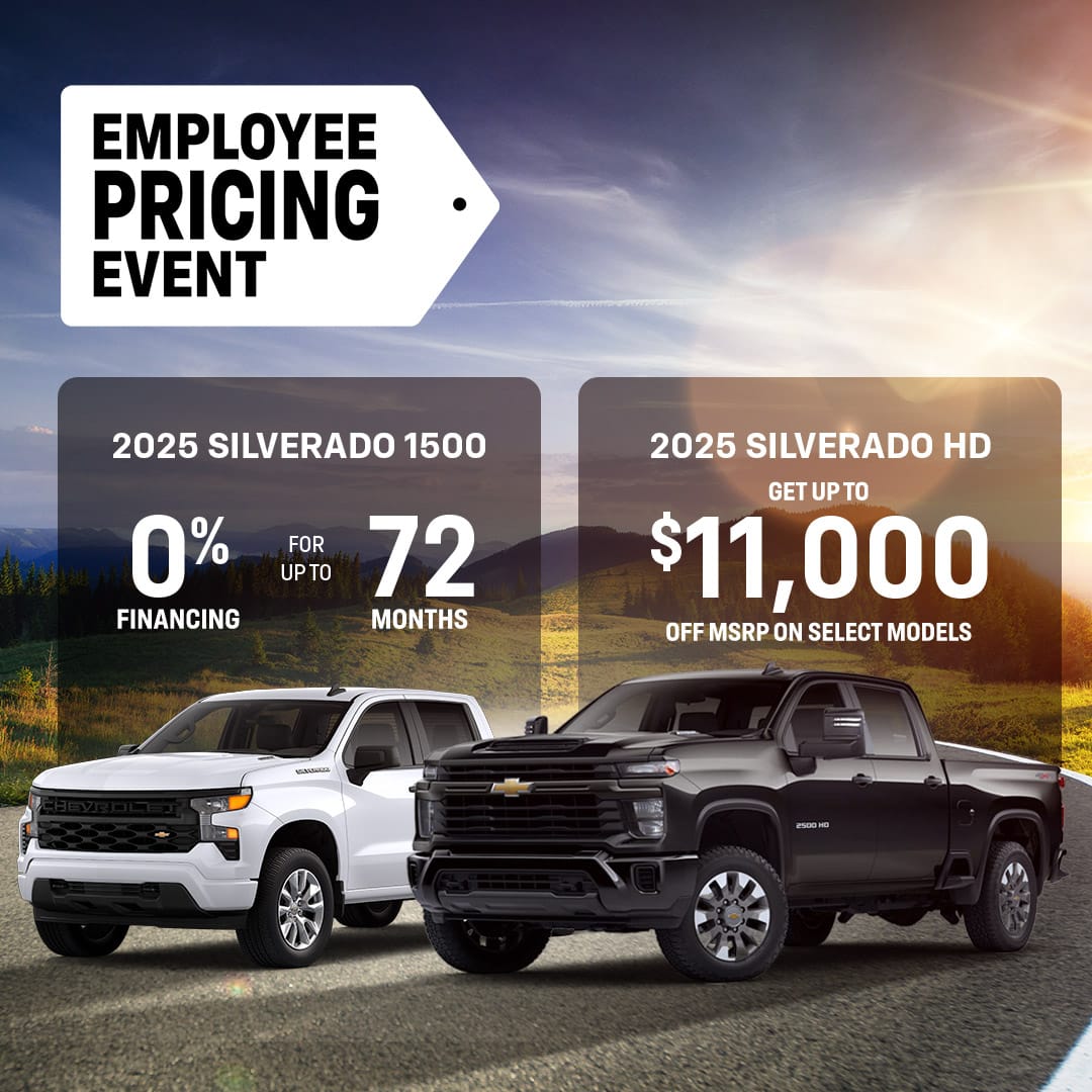 Red Chevrolet Silverado 1500 on a forest road promoting 2025 employee pricing event with discounts up to $11,300.