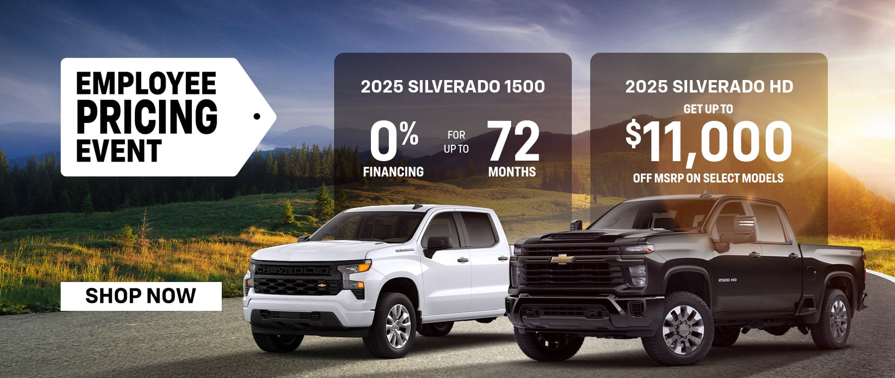 Three Chevrolet SUVs parked in a lit garage with text promoting deals and specials.