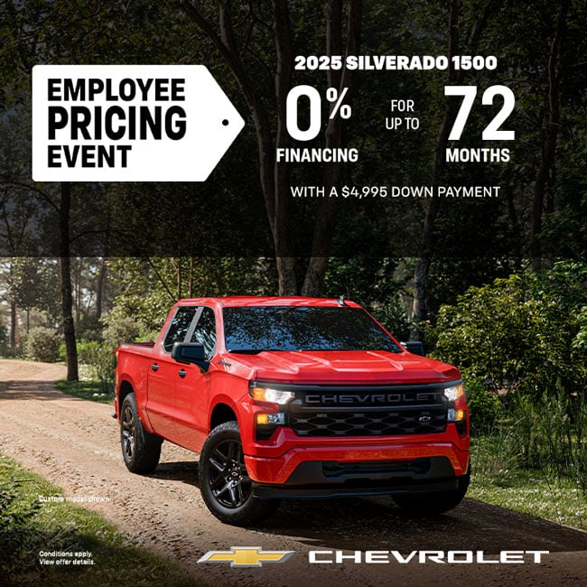 Red Chevrolet Silverado 1500 on a forest road promoting 2025 employee pricing event with discounts up to $11,300.