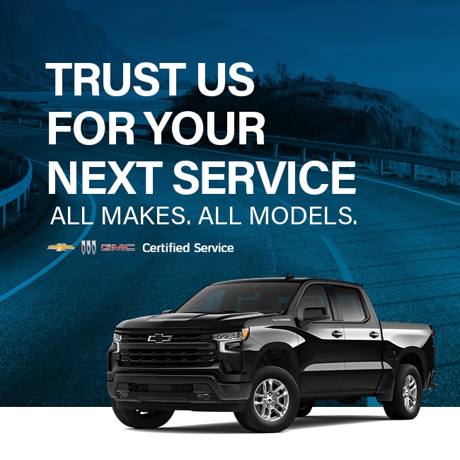 Chevrolet truck on scenic road with text promoting certified service for all makes and models.