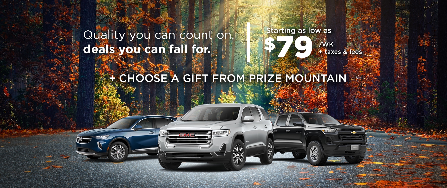 Three Chevrolet SUVs parked in a lit garage with text promoting deals and specials.