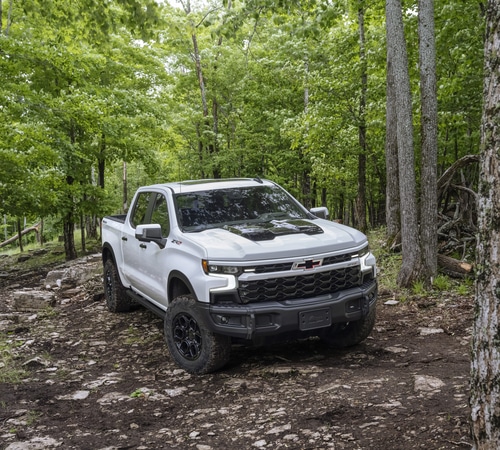 White pickup truck navigating a rugged forest trail, surrounded by lush green trees.