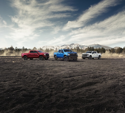 Red, blue, and white trucks parked on rugged terrain with mountains in the background under a cloudy sky.