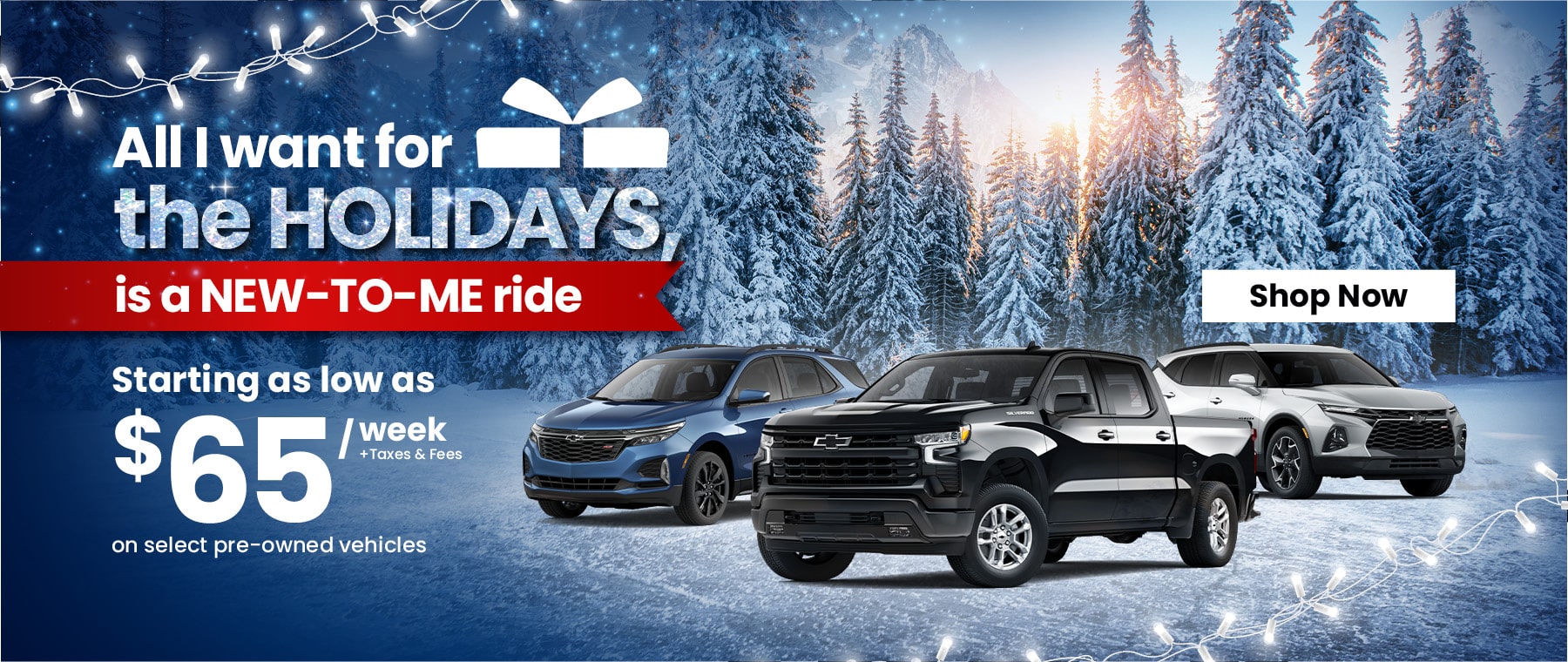 Holiday car sale banner with offer starting at $65/week for pre-owned vehicles, winter scenery background.