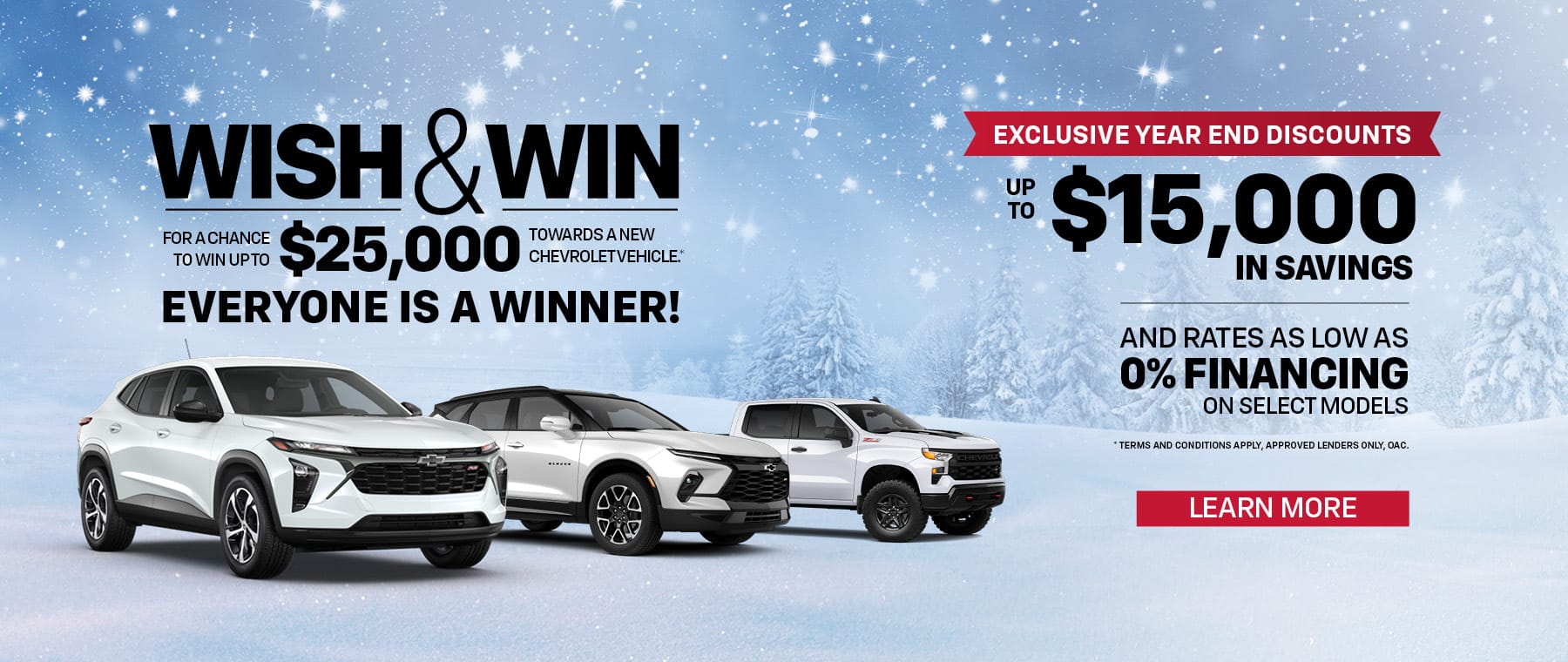 Winter sale banner for Chevrolet vehicles offering $25,000 win and up to $15,000 savings.