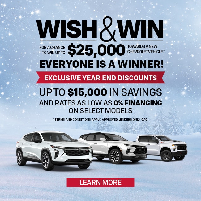 Chevrolet promotion offers $25,000 prize, discounts up to $15,000, and 0% financing on select models.