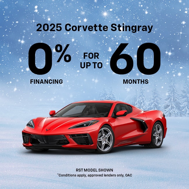 Red 2025 Corvette Stingray with 0% financing offer for up to 60 months on snowy background.