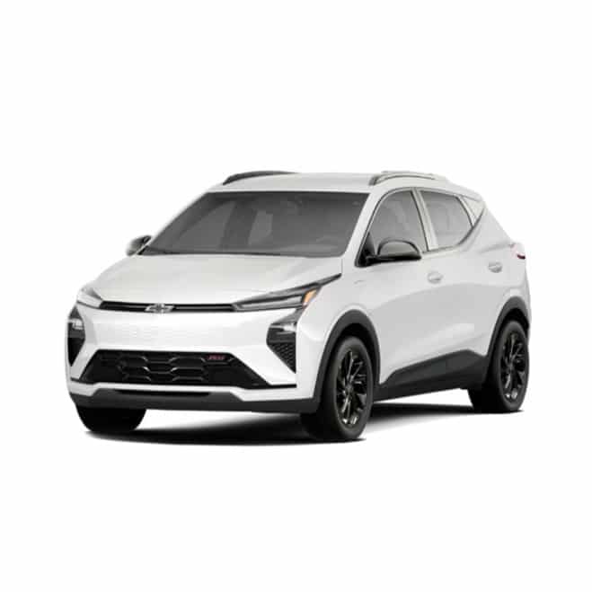 A white Chevrolet Silverado EV pickup truck with black accents on the front grille and bumper. It features a sleek, modern design with four doors and sporty black wheels. The truck is viewed from a front angle.