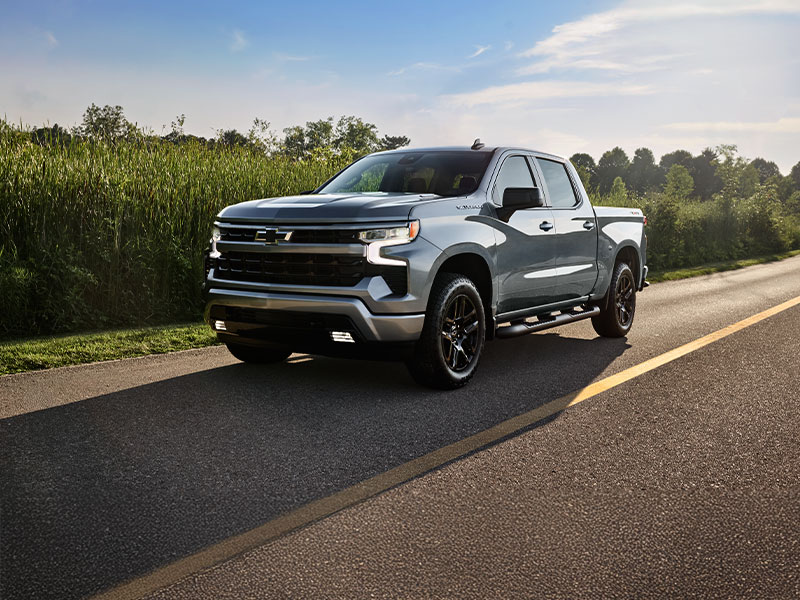 Silver pickup truck driving on a rural road with lush greenery and blue sky backdrop.